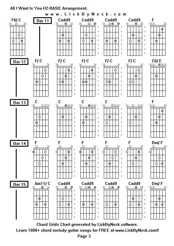 Chord Grids Chart of chord melody fingerstyle guitar song-All I Want Is You-U2-BASIC Arrangement,generated by LickByNeck software.